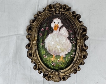 Tiny Duck Oil Painting: Vintage Framed Miniature Art