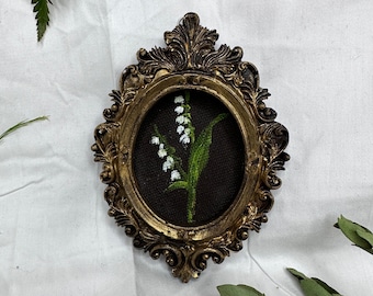 Tiny Oil Painting: Lily of the Valley, Baroque Gold Frame (11cm x 8cm)