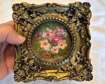 Winziges Ölgemälde | Stimmungsvolle Blumenkunst | Vintage Ölgemälde | Gallery Wall Art | Geschenk für Liebhaber | Verzierter Barockrahmen | Blumen-Stillleben