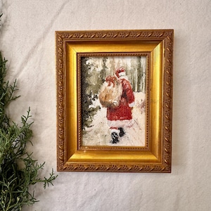 Vintage Santa Painting – Cozy Winter Christmas Art in Ornate Frame