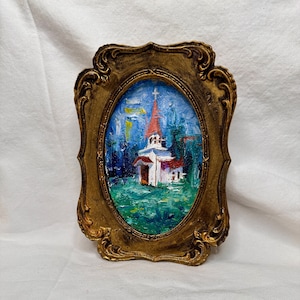 Vintage Church Oil Painting: Ornate Framed Religious Decor