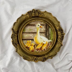 Framed Duckling Oil Painting: Vintage Farmhouse Décor