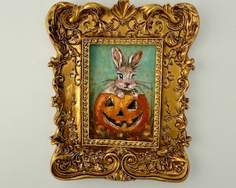 Cozy Halloween Decor: Bunny Pumpkin Painting in Vintage Baroque Frame - Handcrafted Artwork