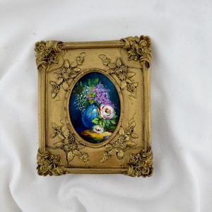 Tiny Oil Painting | Antique Floral Art | Dark Academia Art | Victorian Oil Painting | Gallery Wall Art | Baroque Frame Art | Still Life