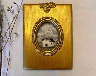 Framed Farmhouse Oil Painting: Tiny French Countryside Landscape