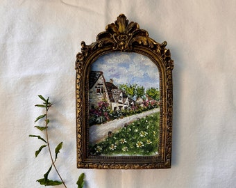Framed French Village Oil Painting: Vintage Rural Landscape Art
