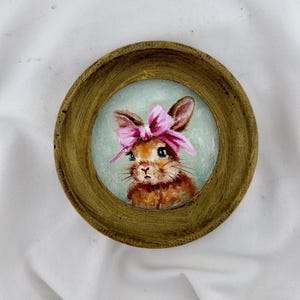 Unique framed cute little bunny | Golden antique handmade frame | Round bunny original painting | Vintage rabbit art | little gift