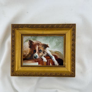 Small Dog Oil Painting: Baroque-Style Frame, Animal Art (14cm x 12cm)