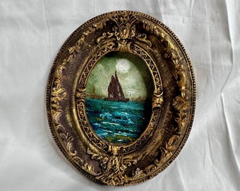 Tiny Seascape Oil Painting: Framed Vintage Interior Art