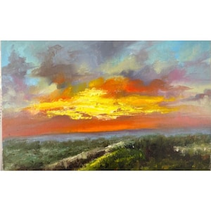 Paysage serein au coucher du soleil | Huile sur toile peinte à la main | Oeuvre d'art rurale pour la décoration intérieure | Charme champêtre