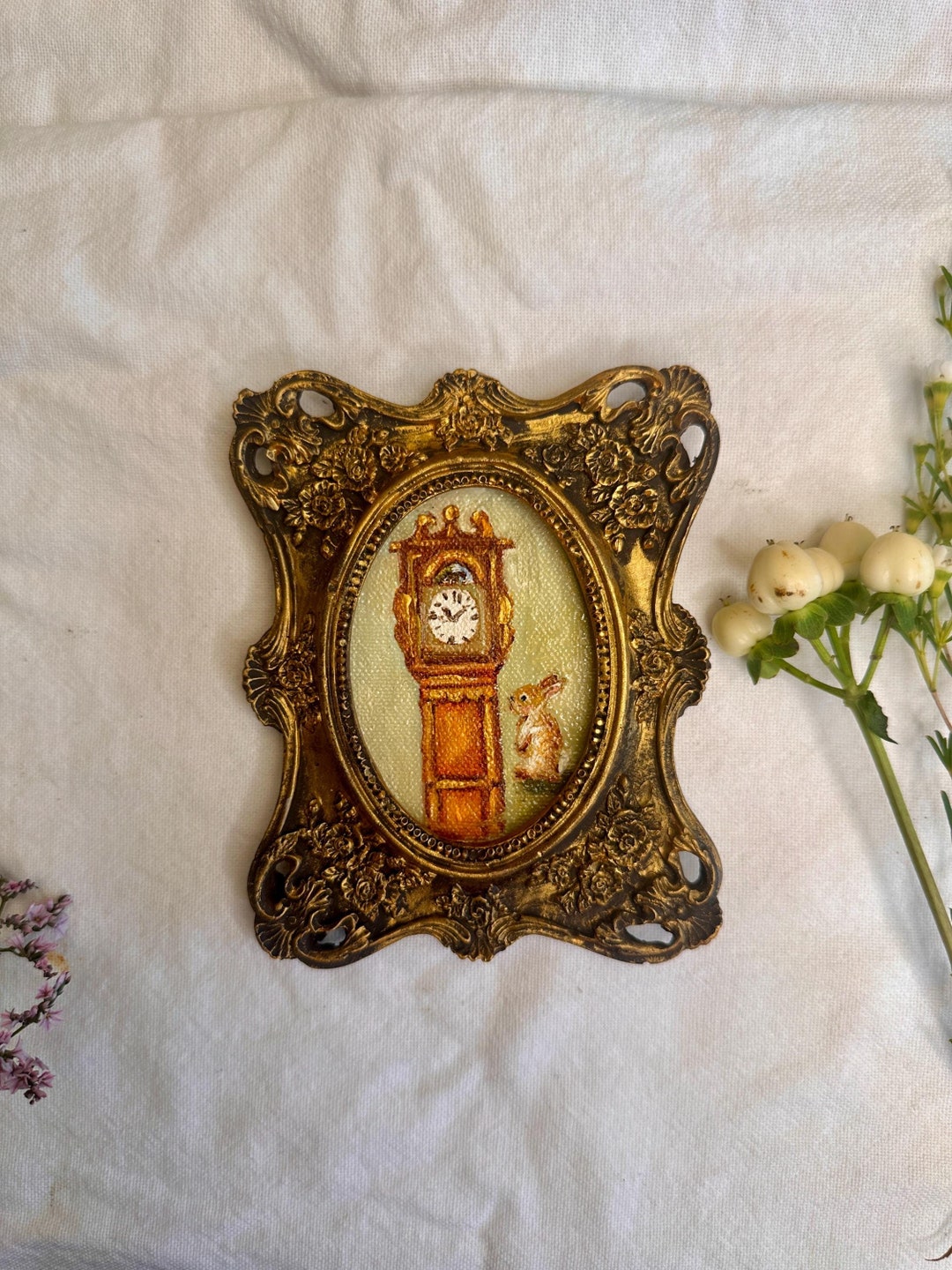 Original Oil Painting - Cute Rabbits, Grandfather' Clock, Vintage Frame ...