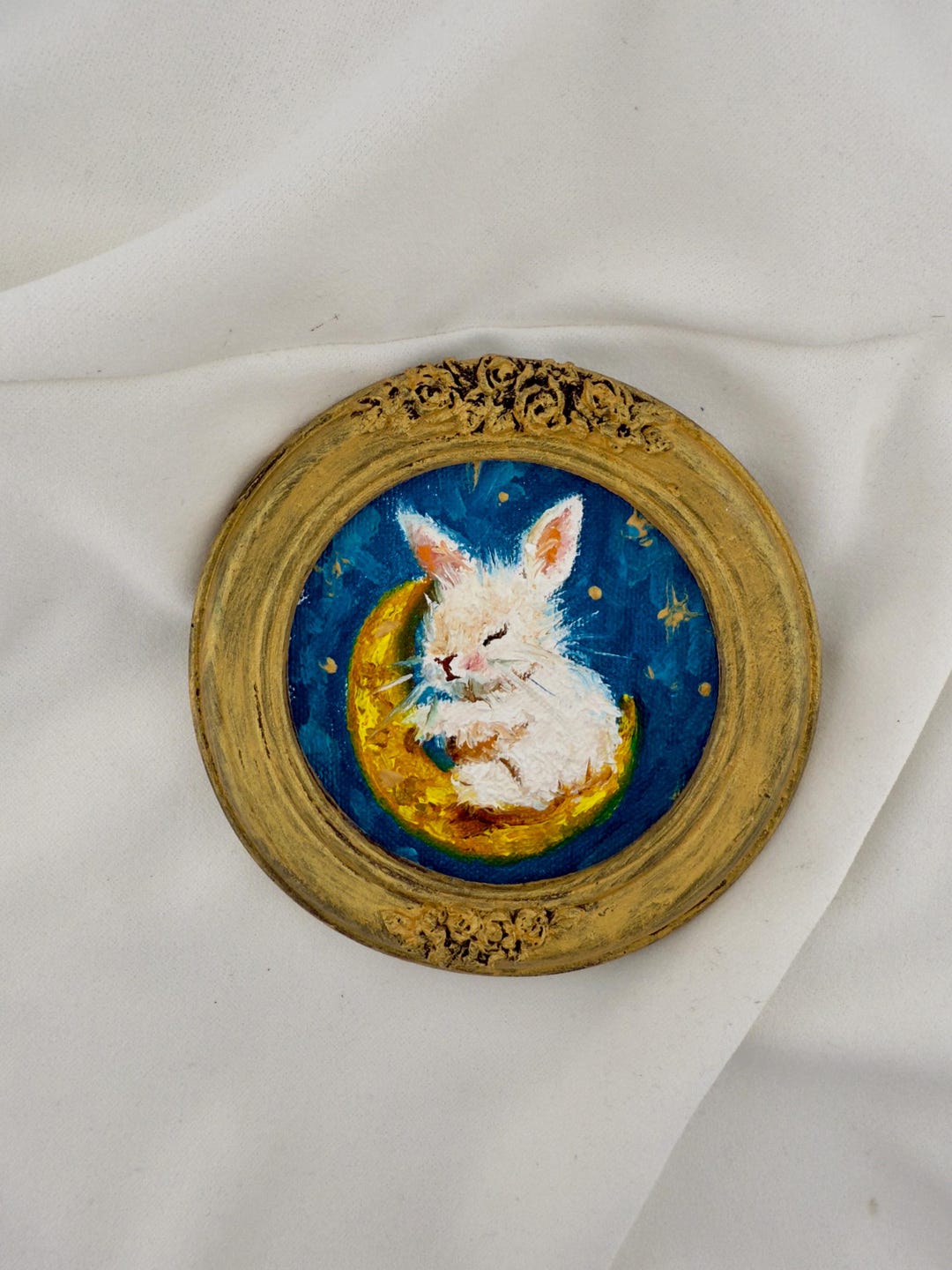 Whimsical Bunny in Baroque Frame: Miniature Oil Painting on Golden Moon ...