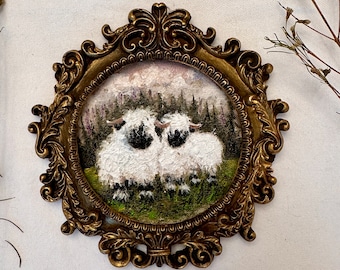 Vintage Sheep Oil Painting: Ornate Framed Farmhouse Wall Art