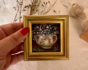 Miniatuur olieverfschilderij | vintage gouden lijst | Sfeervolle bloemsierkunst | Stilleven | Origineel schilderij | Handgemaakte bloemenvaas | bloemenkunstwerk