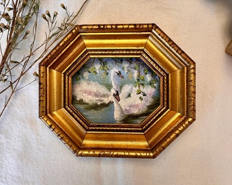 湖の上の白鳥 ミニチュア絵画 オリジナル油絵キャンバス インパスト