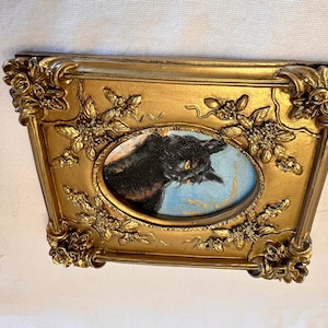 Miniatur Schwarze Katze Ölgemälde: Gotische verzierte Rahmen, Kunst, Wandkunst Bild 7
