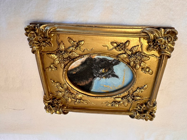 Miniatur Schwarze Katze Ölgemälde: Gotische verzierte Rahmen, Kunst, Wandkunst Bild 7