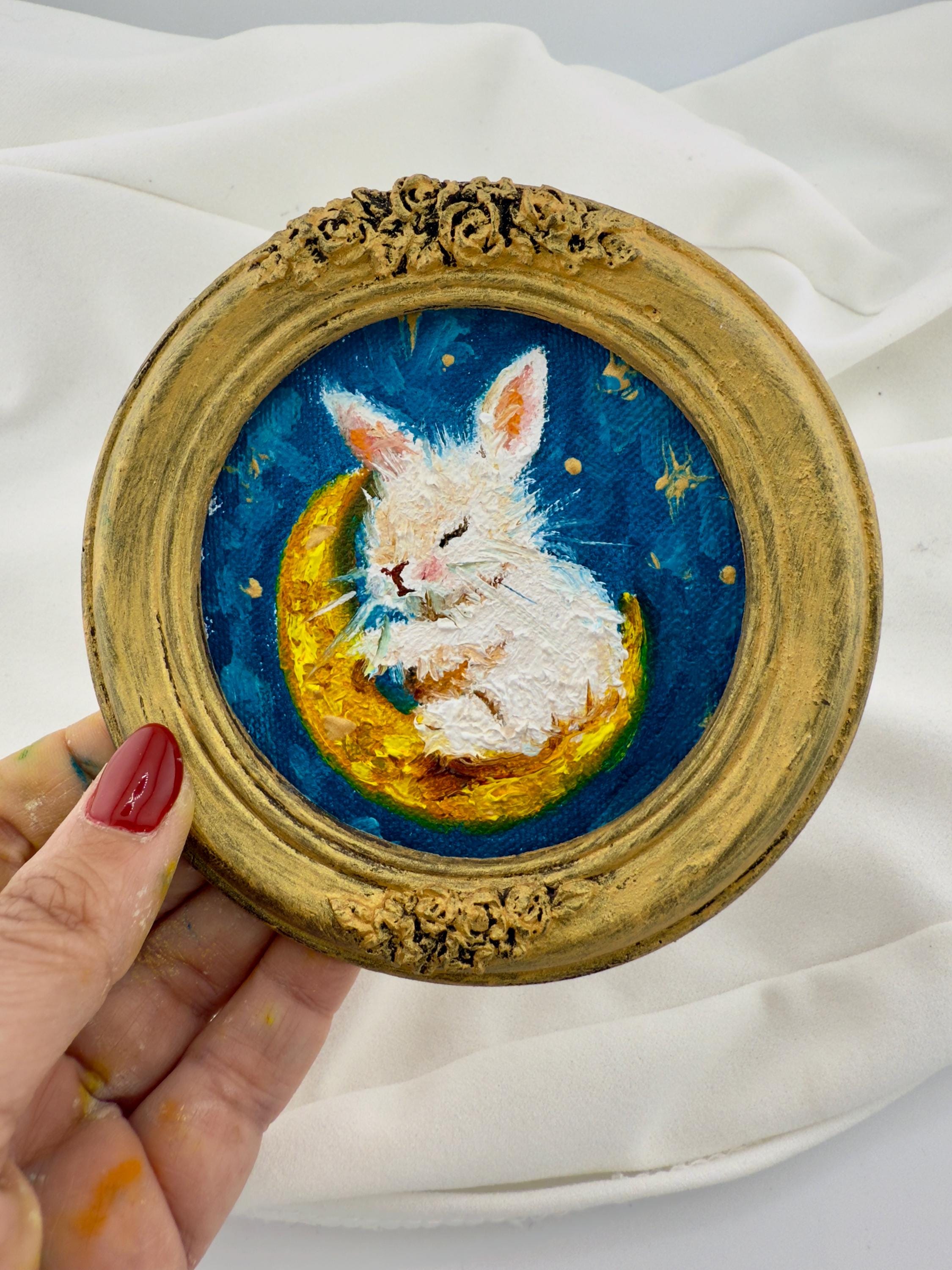 Whimsical Bunny in Baroque Frame: Miniature Oil Painting on Golden