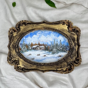 Miniature Framed Oil Painting: Snowy French Countryside Landscape Art