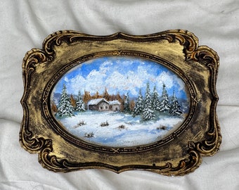 Charmanter Miniatur Goldrahmen | Verschneite französische Landschafts-Szene | Wingate Ölgemälde | Gemütliche Winterlandschaft Kunst