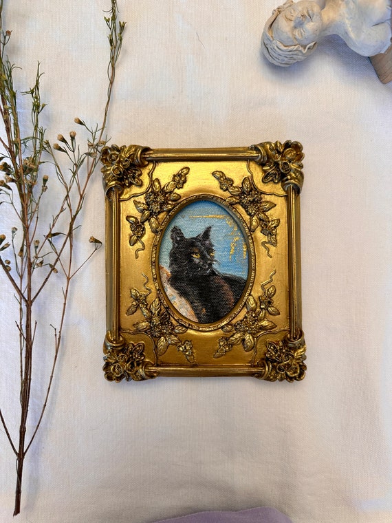 Miniature Black Cat Oil Painting: Gothic Ornate Frame Art, Wall Art