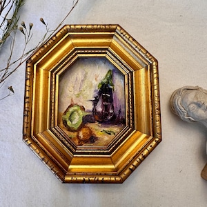 peinture vintage aubergine | Nature morte | Petite peinture à l'huile | Cuisine campagnarde française | Art mural de galerie | Cadre baroque fleuri | Art de la cuisine
