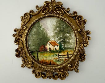 Rustic Oil Painting of Autumn Cottage - Handmade Frame - One-of-a-Kind Original