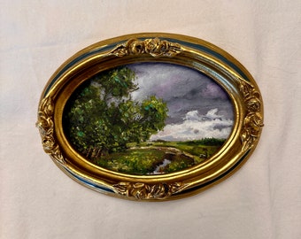 Ornate Framed Miniature Oil Painting: Vintage Countryside Landscape