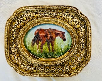 Tiny Horse Oil Painting: Ornate Framed Country Wall Art