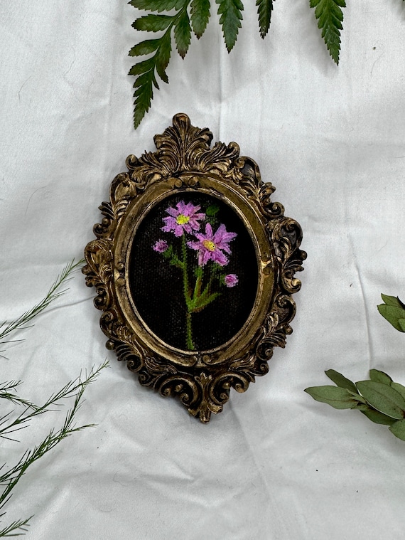 Tiny Aster Oil Painting: Moody Floral Art in Baroque Frame