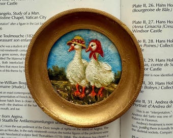 Two Chatty Geese – Original Miniature Oil Painting in Round Rustic Frame