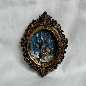 Tiny Winter Landscape Oil Painting: Baroque Framed Country Wall Art