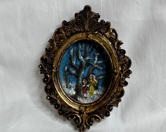 Tiny Winter Landscape Oil Painting: Baroque Framed Country Wall Art