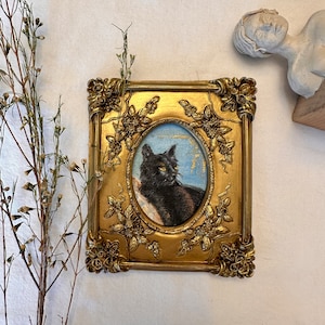 Tableau Petit Chat Noir | Petite peinture à l'huile | Portrait de chat noir | Décoration d'intérieur gothique | Cadeau pour amoureux des chats | Art mural galerie | Cadre décoratif décoratif