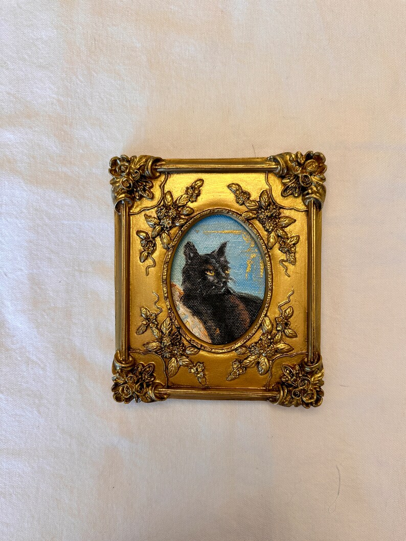 Miniatur Schwarze Katze Ölgemälde: Gotische verzierte Rahmen, Kunst, Wandkunst Bild 8