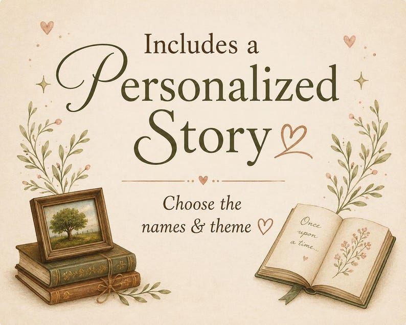 May include: A graphic illustration featuring the text Includes a Personalized Story and Choose the names & theme. The image displays a stack of two books topped with a framed tree painting, and an open book with the text Once upon a time.
