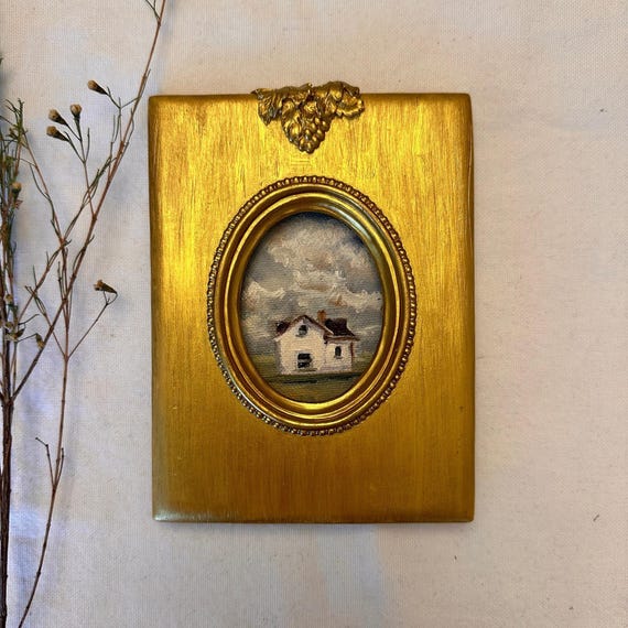 French Countryside Oil Painting, Tiny Farmhouse Landscape in Handmade Frame