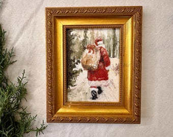 Entzückende Vintage Weihnachtsmann Winterszene Gemälde in einem handgefertigten Rahmen - Einzigartiges Weihnachtsdekor