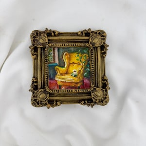 Pequeña pintura al óleo / Pintura de silla decorada / Marco dorado vintage / Pequeño ambiente antiguo / Pintura original enmarcada / Pintura de sala familiar