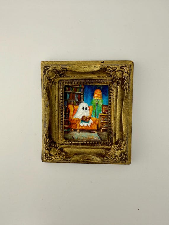 Charming Mini Ghost Oil Painting in an Elegant Frame - Handcrafted Halloween Decor