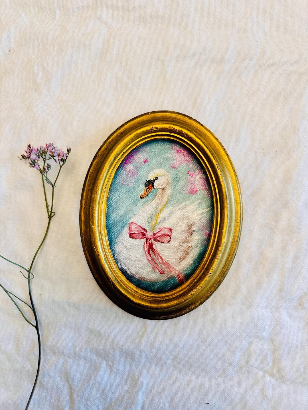 Tiny Swan Oil Painting: Framed Vintage-style Wall Art - Etsy