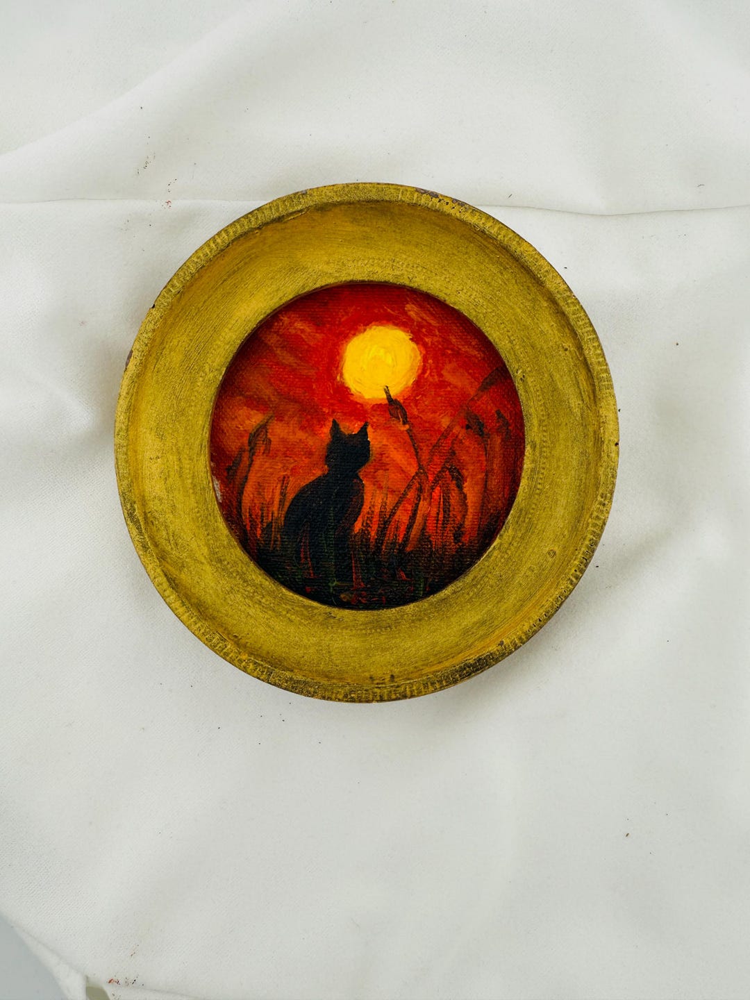 ゴールドフレームの魅力的なヴィンテージ猫の絵画 - カントリー