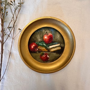 Tiny Oil Painting | Book & Apple Painting | Book Still Life | French Country Art | Gallery Wall Art | Ornate Baroque Frame | Book Lover Gift