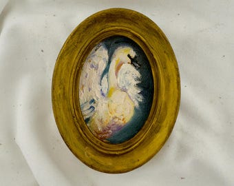 Tiny Swan Oil Painting: Vintage Framed Wall Art