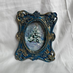 Framed Snowy Christmas Tree Painting: Vintage Winter Landscape Art