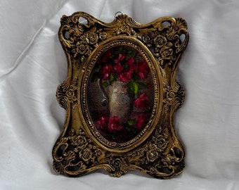 Miniature Rose Oil Painting: Vintage Floral Art in Ornate Baroque Frame
