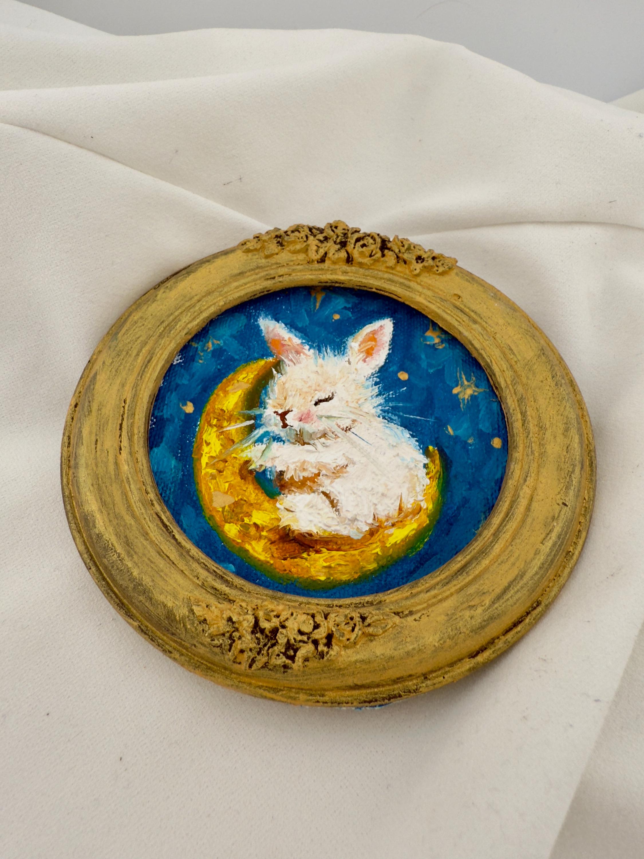 Whimsical Bunny in Baroque Frame: Miniature Oil Painting on Golden Moon ...