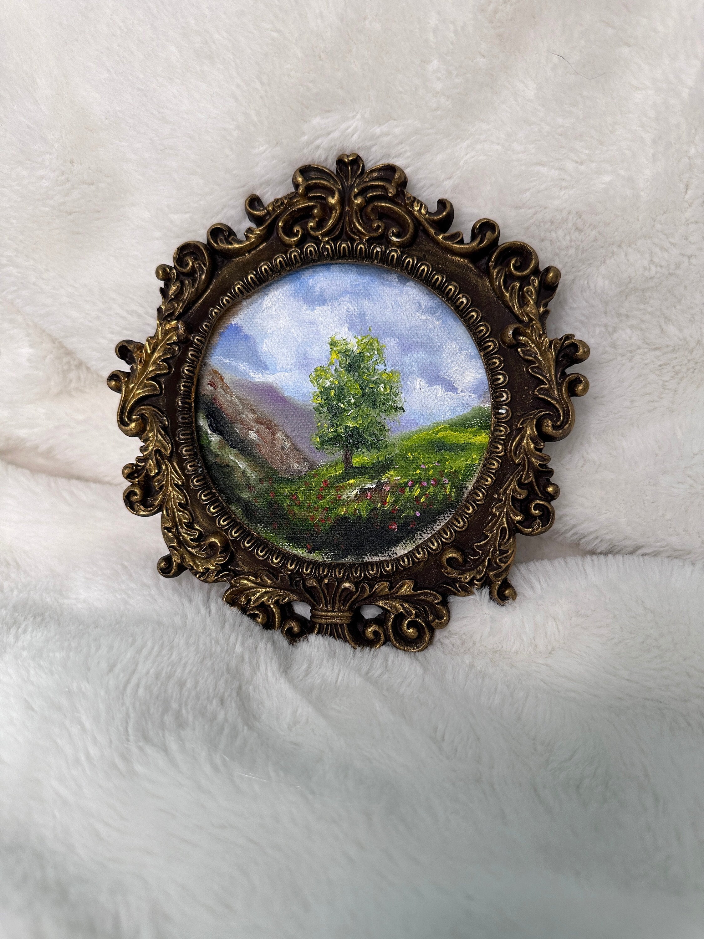Framed Vintage Oil Painting: Tree Landscape, Ornate Frame