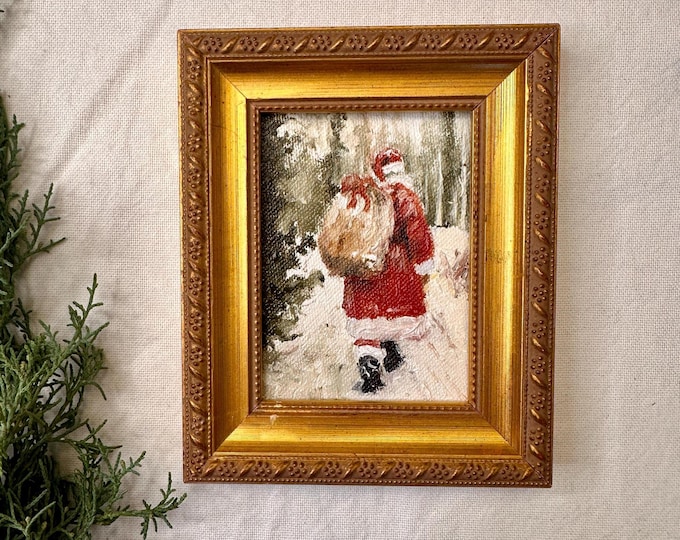 Vintage Santa Painting – Cozy Winter Christmas Art in Ornate Frame