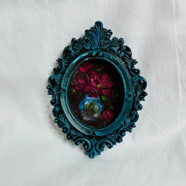 Charm vintage : mini peinture à l'huile de roses encadrée pour mur de galerie, touche intérieure chaleureuse